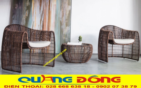 Bộ bàn ghế giả mây QD-275 đan sợi nhựa tròn siêu bền đẹp chuyên dùng cho sân vườn ngoài trời