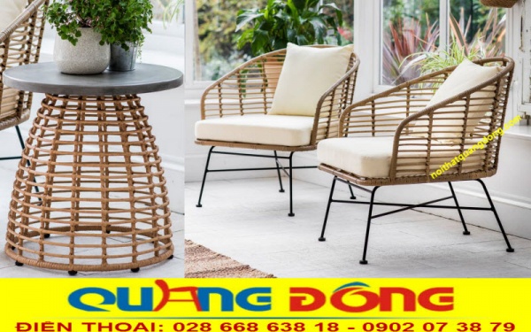 Bàn ghế sân vườn giả mây tạo dáng thanh gọn với khung sắt mỹ nghệ