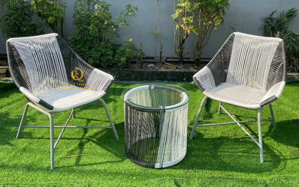 Bàn ghế gải mây cao cấp đan dây dù polyethene hoặc dây nhựa giả mây chắc bền chịu nắng mưa