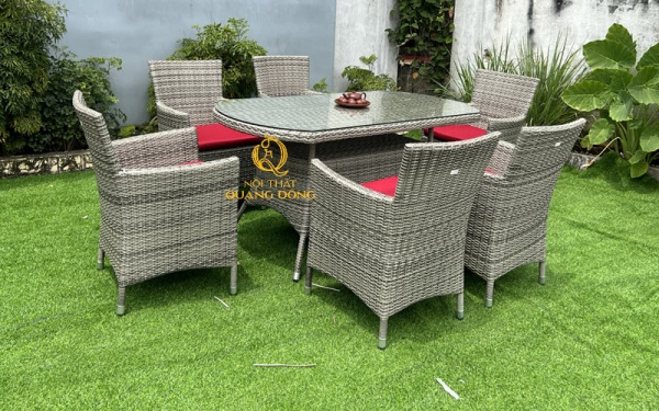 Bàn ghế sân vườn giả mây - bàn ăn ngoài trời mẫu QD-393 kết hợp ghế có tay tựa và bàn tròn lớn sang trọng