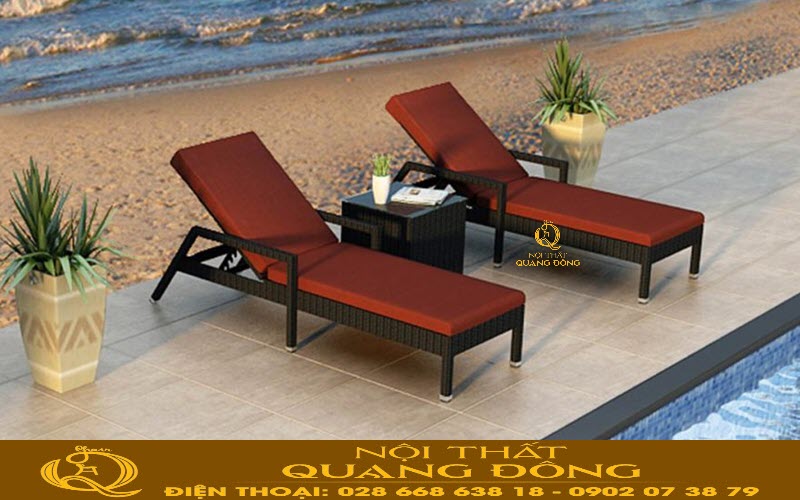 Ghế nằm hồ bơi mây nhựa QD - 568 sử dụng nệm lót đỏ đô