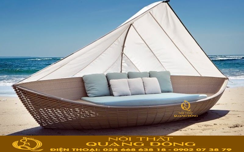 Thiết kế giường tắm nắng dáng thuyền, tạo hình độc đáo Giường tắm nắng bằng chất liệu mây nhựa bền bỉ