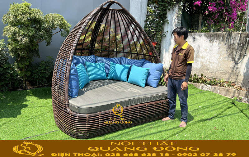 Giường tắm nắng mây nhựa QD-533 thiết kế mái vòm độc đáo