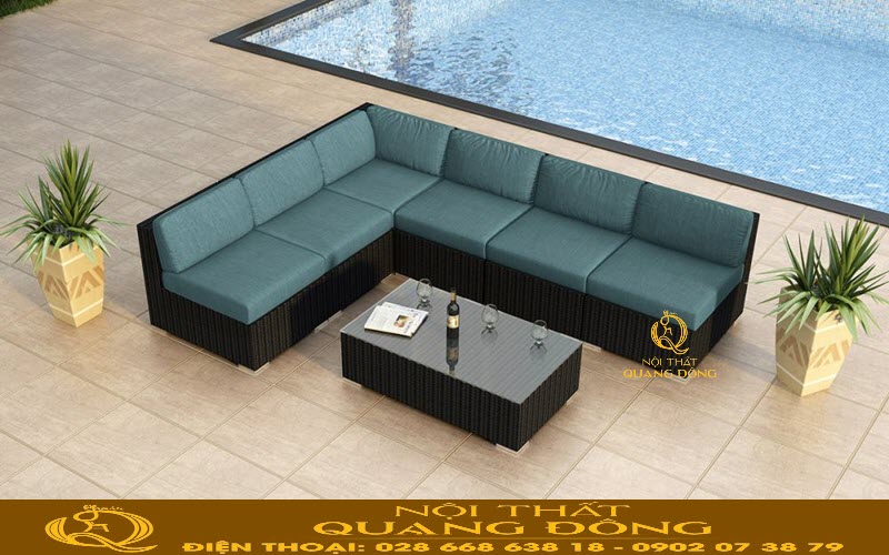Sofa mây nhựa chữ L giúp tối ưu không gian Sofa mây nhựa sang trọng khi đặt cạnh hồ bơi