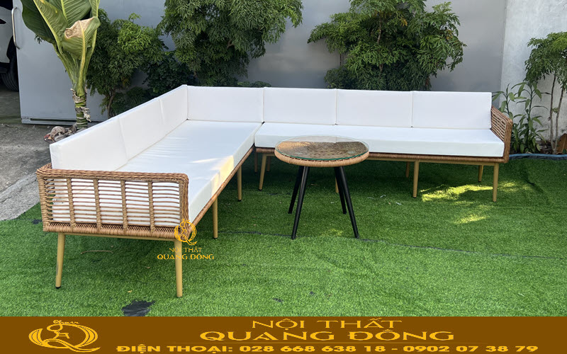 Sofa giả mây QD-744 thiết kế góc L rộng rãi, lắp ghép từ 2 băng ghế lại với nhau