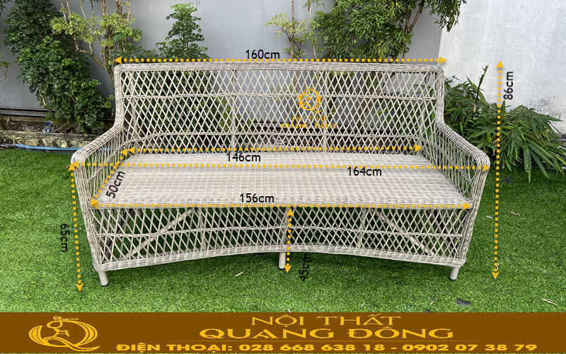 Kích thước chi tiết băng ghế dài QD-747 Hình ảnh chiếc ghế băng ba của bộ sofa giả mây QD-747