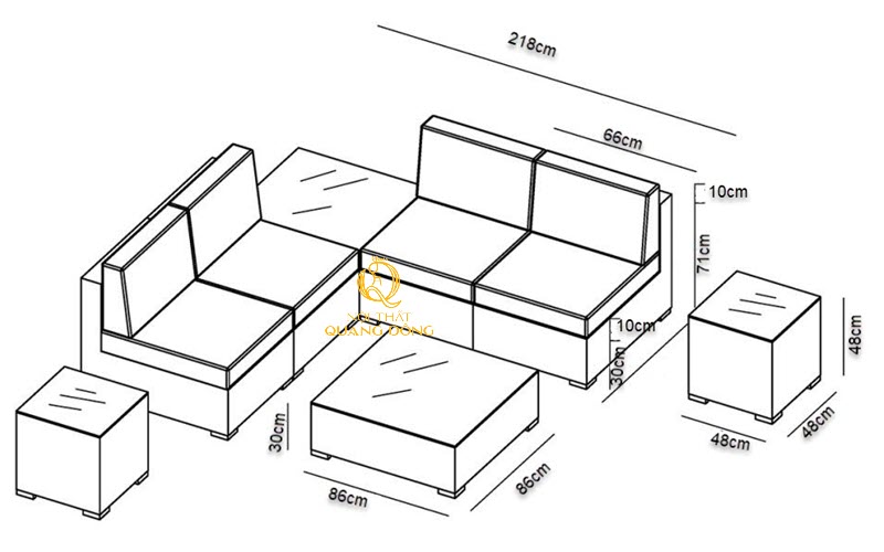 Kích thước chi tiết sofa mây nhựa QD-736