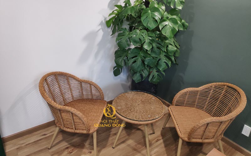 Bộ bàn ghế giả mây QD-2046 set 2 ghế 1 bàn sử dụng cho ban công, sân vườn