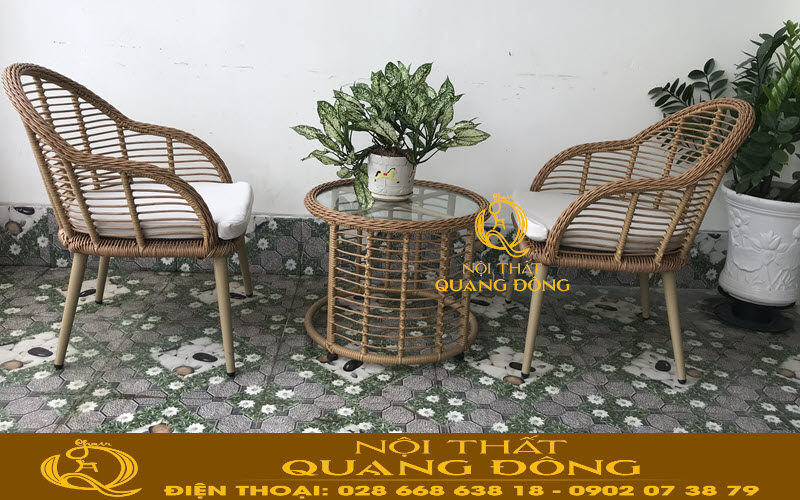 Bàn ghế mây nhựa cafe cao cấp QD-2046 được đan hoàn toàn bằng thủ công khéo léo