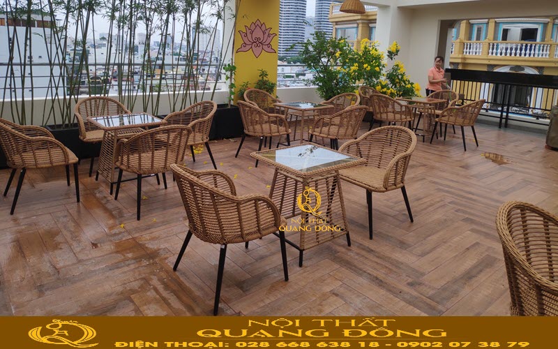 Bàn ghế giả mây QD-2090 dùng cho mô hình cafe sân vườn, ngoài trời