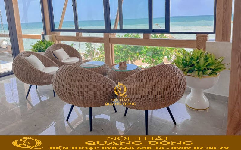 Bàn ghế giả mây QD-2093 sử dụng cho không cafe sân vườn, ban công ngoài trời