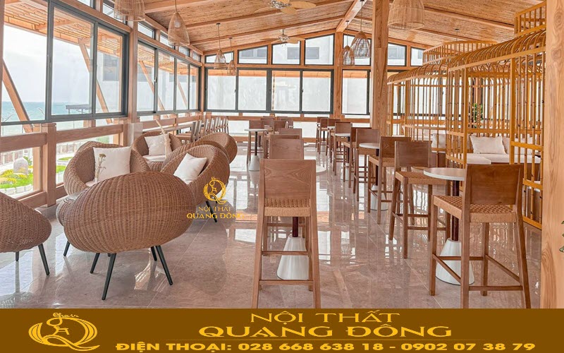 Bàn ghế giả mây QD-2093 mang gam màu vàng tinh tế, nổi bật