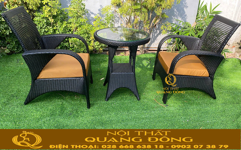 bàn ghế giả mây QD-2108 thiết kế ghế bản rộng