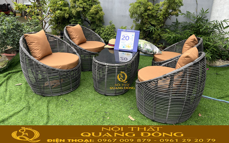 Bàn ghế mây nhựa QD-2117 đan sợi mây nhựa tròn bền bỉ