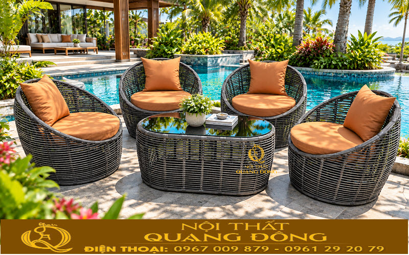 Bàn ghế mây nhựa sang trọng bên cạnh hồ bơi