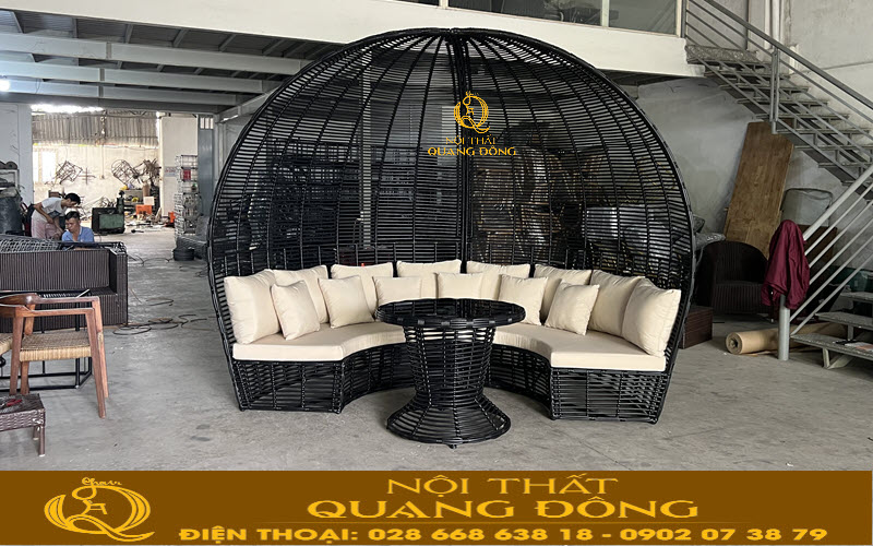 Sofa mây nhựa QD-755 sử dụng sợi nhựa mây bán nguyệt bản 14ly