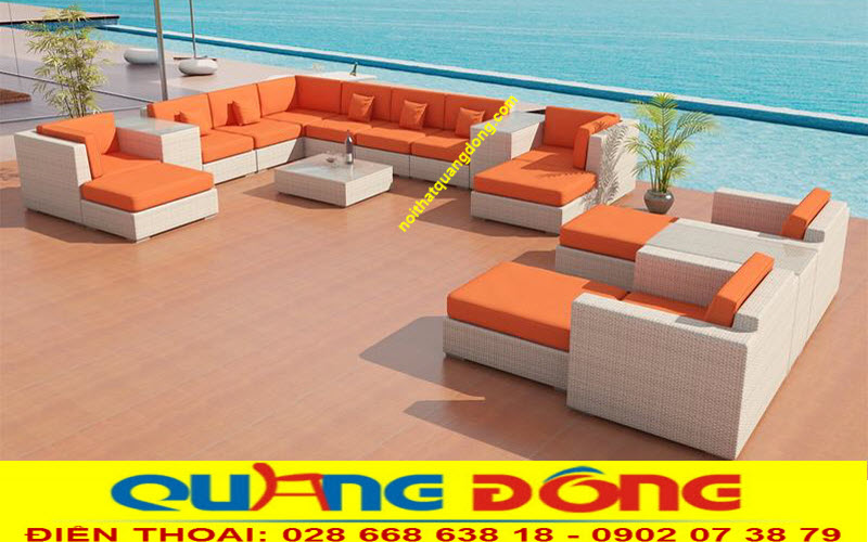 sofa mây nhựa QD-671 nệm màu cam nổi bậc