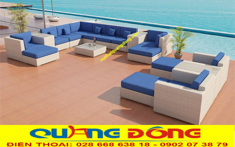 Mẫu sofa giả mây QD-671 sử dụng nệm lót màu xanh dịu mát