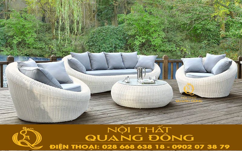 Sofa- salon cao cấp sân vườn, sofa giả mây QD-710 Sofa sân vườn từ mây nhựa trắng nghệ thuật